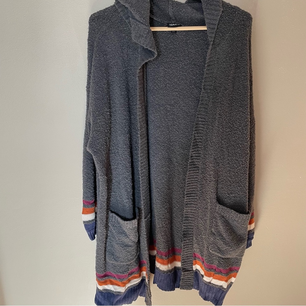 Torrid Gray Hooded Cardigan with Striped Accents